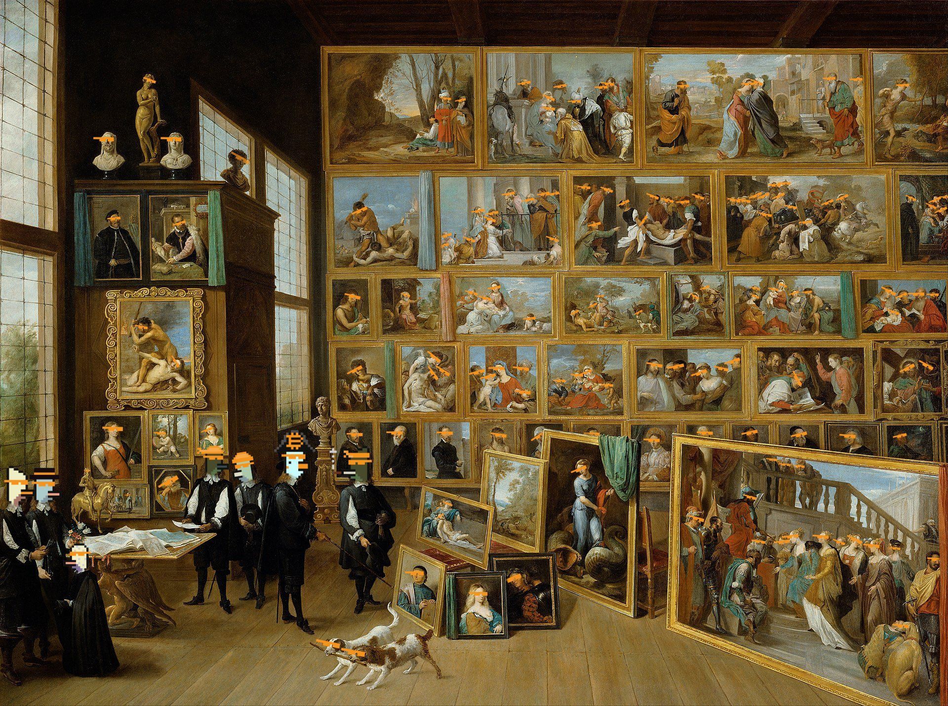 A room with a lot of paintings on the wall