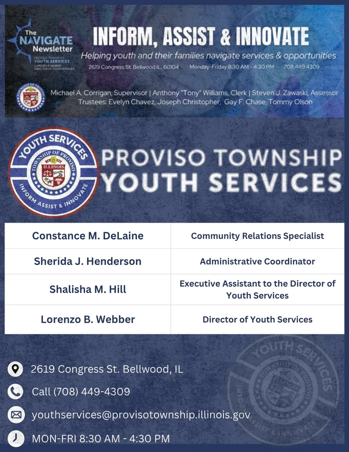 Flyer for Proviso Township Youth Services with contact information and staff.