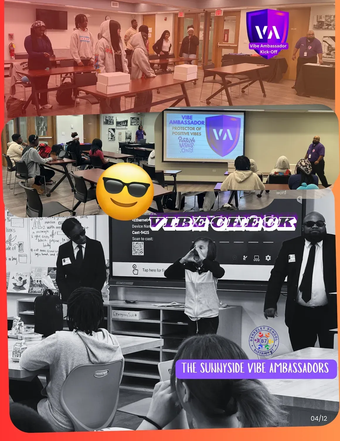 Three photos of a youth ambassador program; people at tables and in front of a screen with a logo.