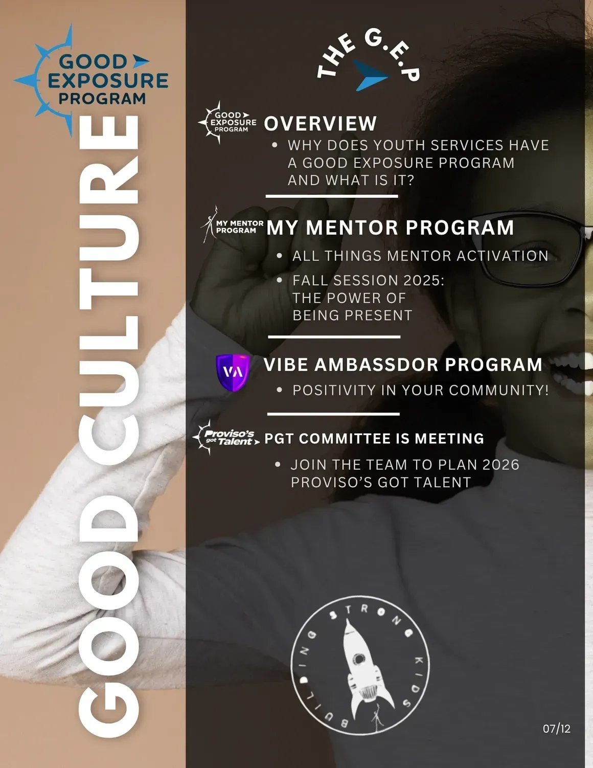 Flyer for the Good Exposure Program: Overview, My Mentor Program, Vibe Ambassador Program, and PGT Committee meeting.