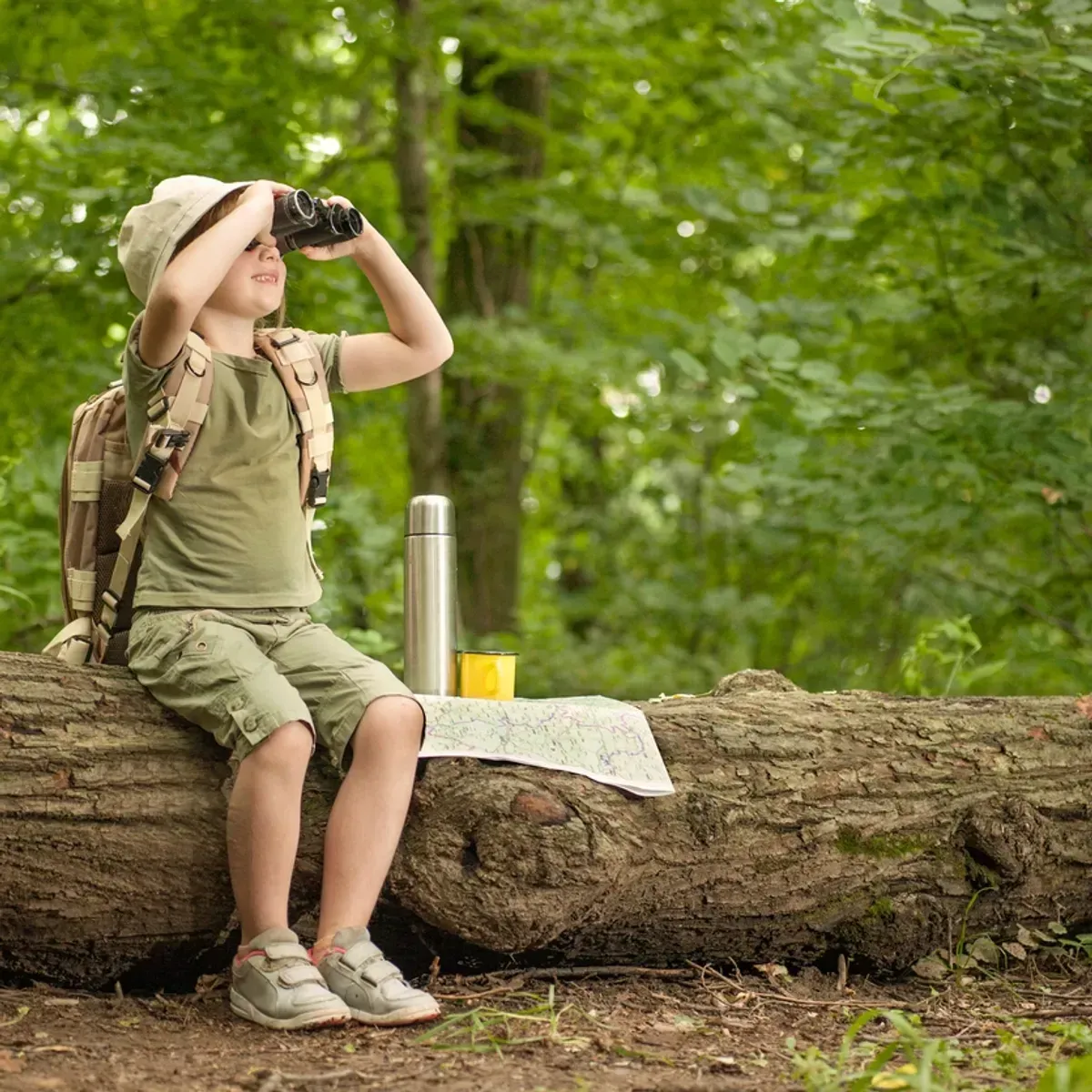Boy with binoculars sits on a log in a forest, looking up. He wears a hat and backpack, near a map.