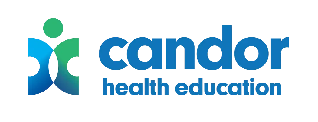 Candor health education logo with stylized person icon. Blue and green colors.