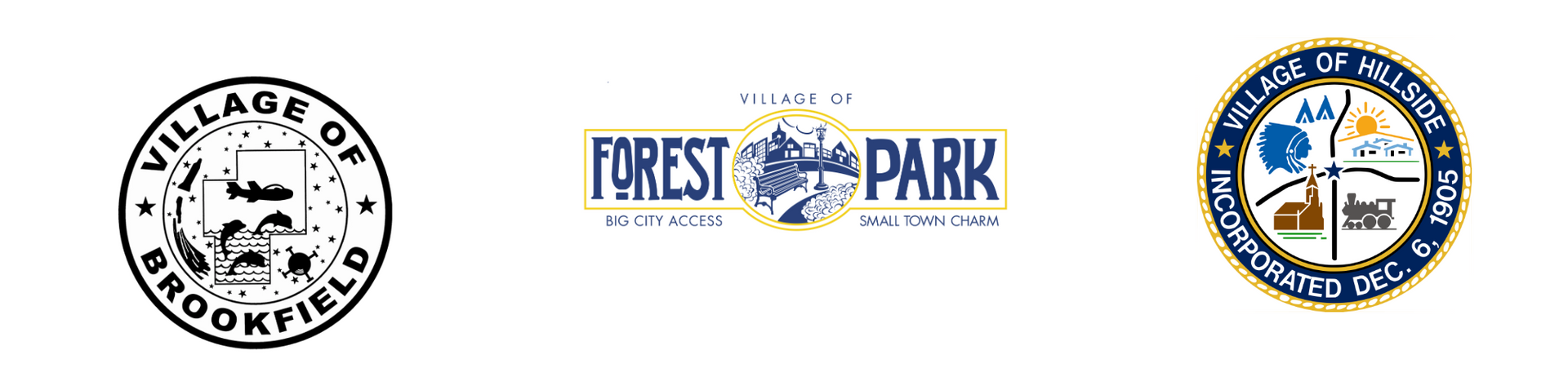 Logos of the Village of Brookfield, Forest Park, and Village of North Riverside.
