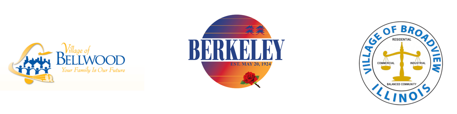 Logos for Bellwood, Berkeley, and Broadview, Illinois.