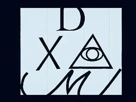 Black letters and an eye inside a triangle on a pale blue background. 