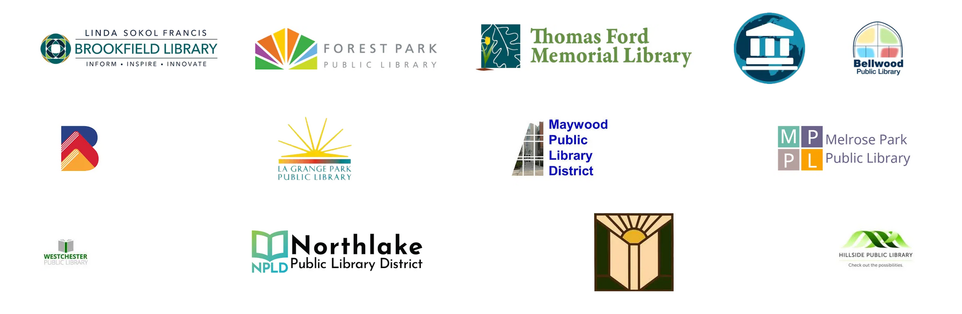Logos of several libraries, including Thomas Ford Memorial Library and Northlake Public Library.