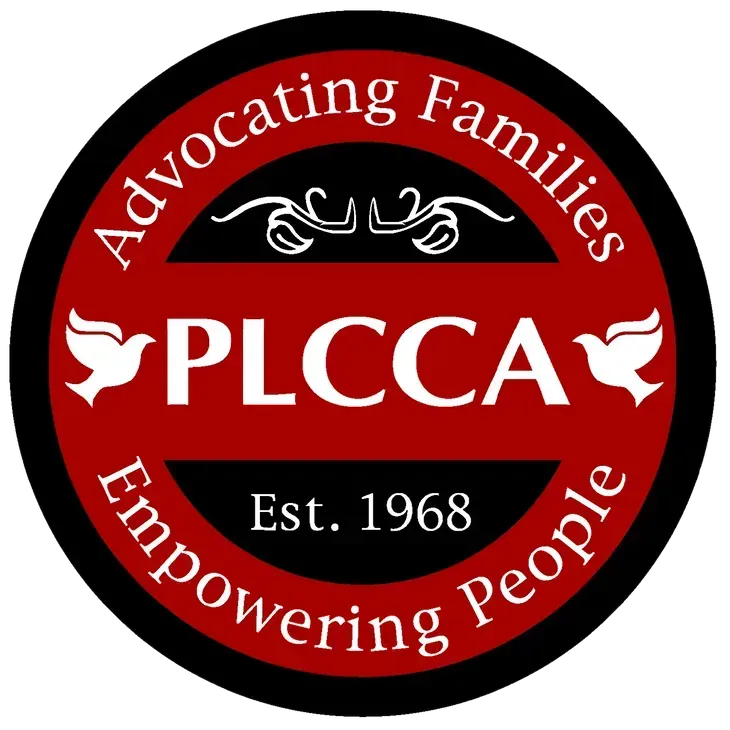 Logo: PLCCA, Advocating Families, Empowering People, red and black circle, doves.