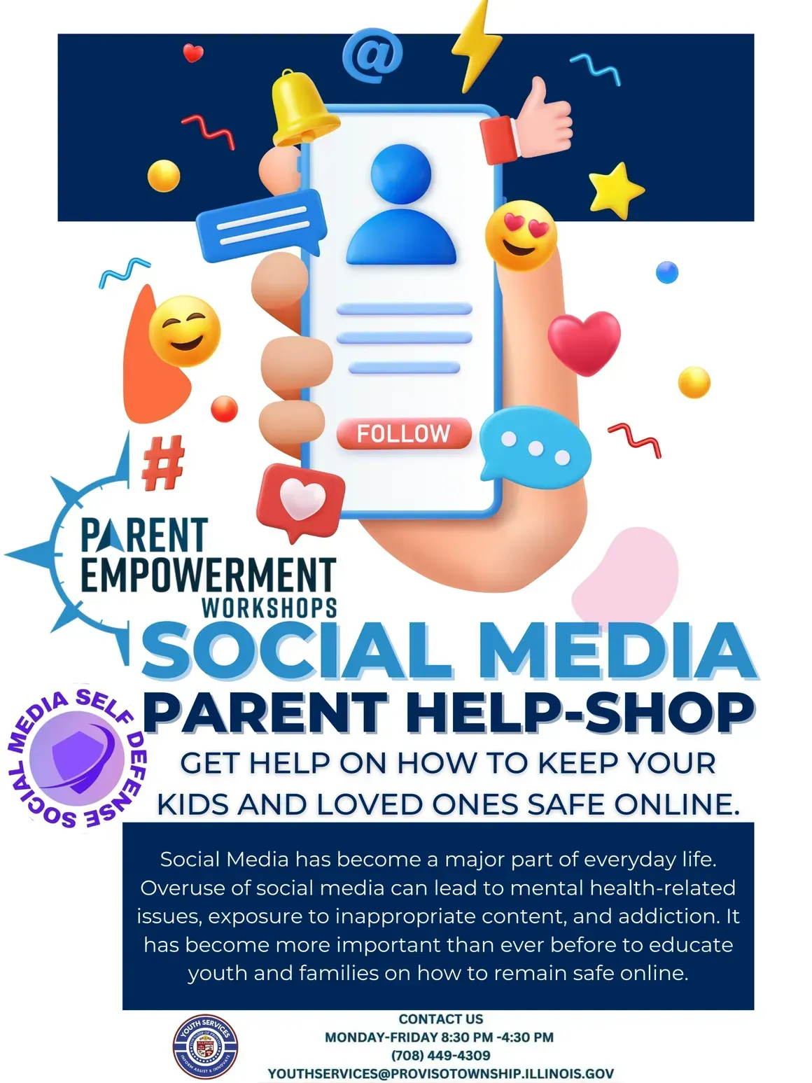Social media parent help-shop flyer. A hand holding a phone surrounded by social media icons.