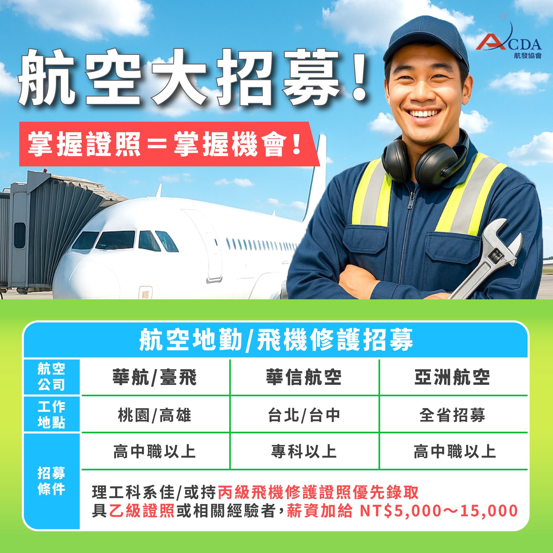 飛機修護、飛機維修、丙級飛機修護證照、乙級飛機修護證照、航空補習班、職訓課程、免費課程