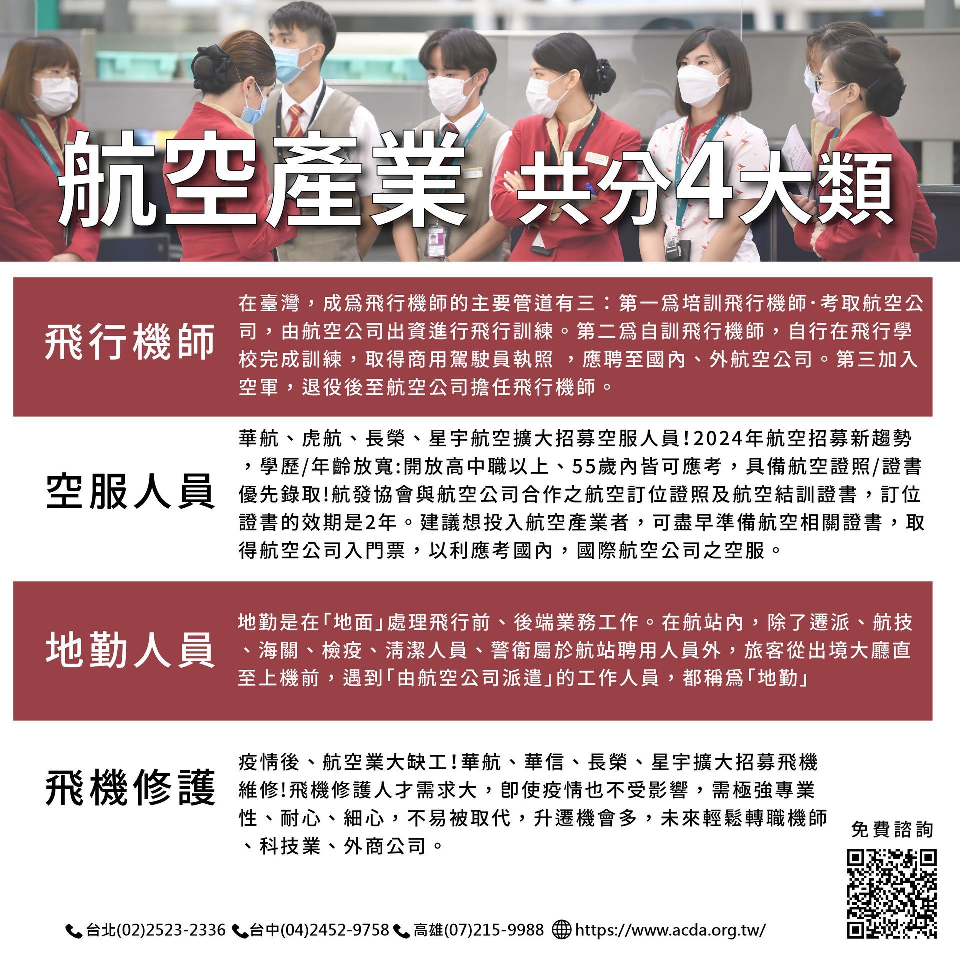 ✈️ 夢幻航空產業！共分四大類！ 🛬
航空產業共分4大類職缺，飛行機師/空服/地勤/飛機修護
各司其職，快來看看他們都做些什麼！
​
免費! 航空聯合招募說明+ 職訓申請! 💪💪
📍立刻瞭解：