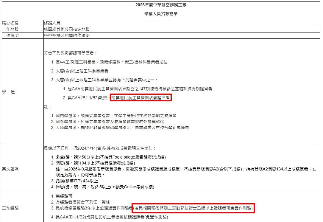 中華航空、飛機修護、飛機維修、飛機修護學校、職訓課程、免費課程