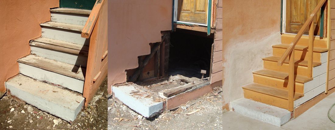 A collage of three pictures of a set of stairs.