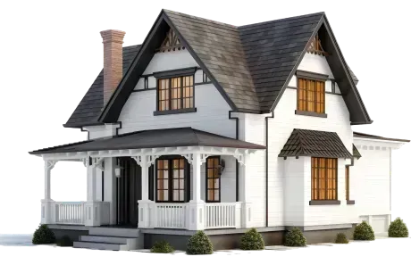 A white house with a black roof and a porch on a white background.