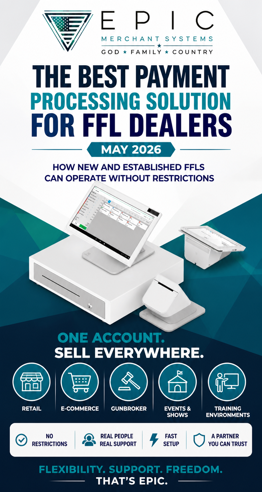 Payment processing for FFL dealers with one account for retail, e-commerce, and GunBroker using EPIC