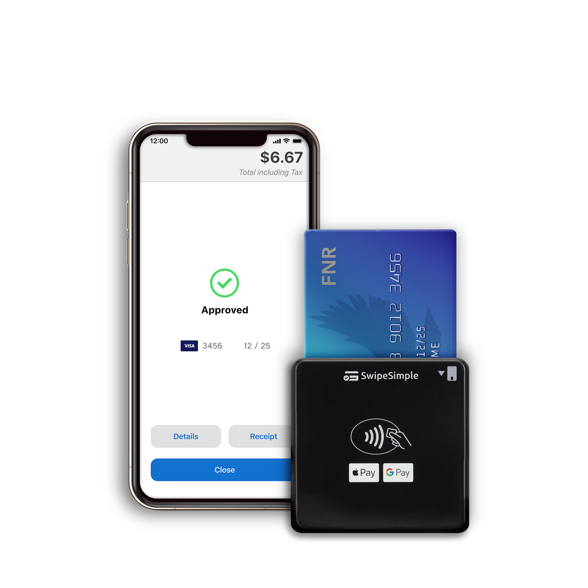 A phone with a credit card on it next to a card reader.