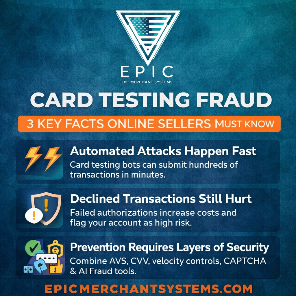 Graphic explaining three key facts about card testing fraud and how online sellers can prevent autom