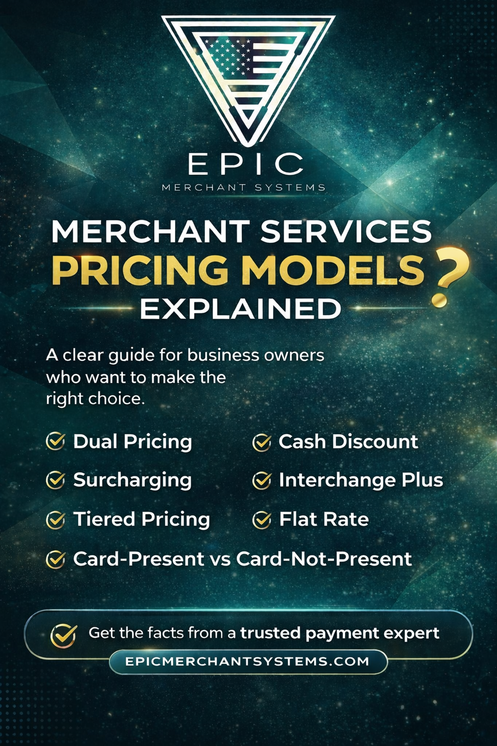 Graphic on pricing models: dual pricing, cash discount, interchange plus, flat rate, card-present 