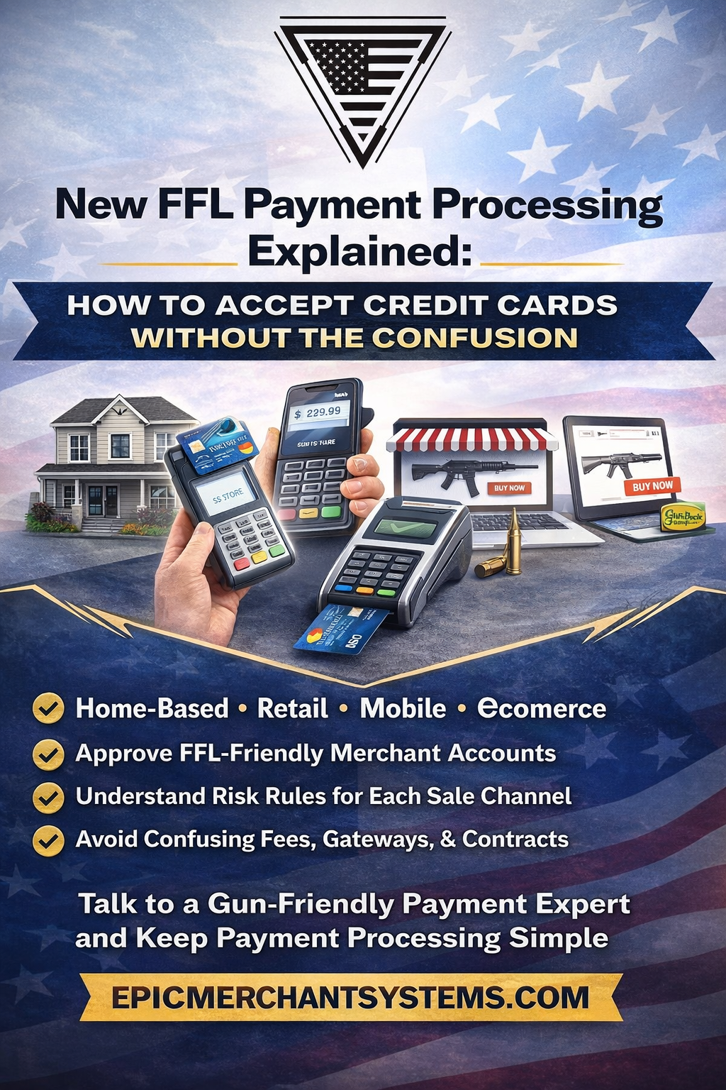 FFL payment processing guide showing credit card solutions for home-based, retail, mobile, online