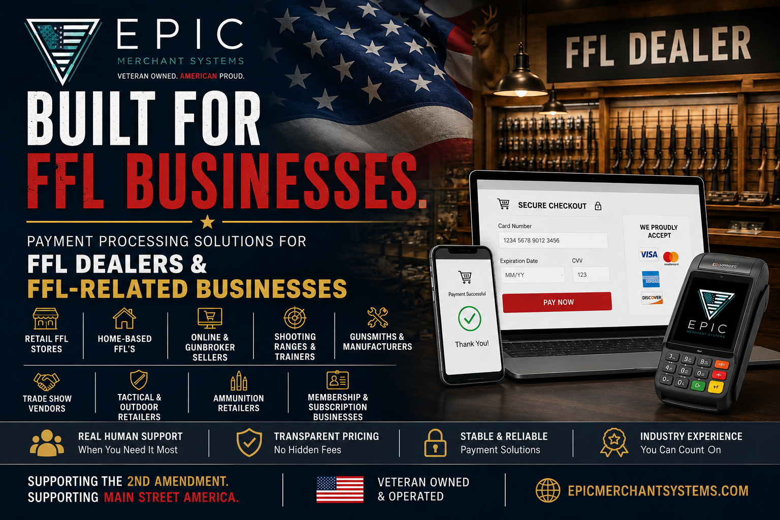 Payment processing solutions for FFL dealers, GunBroker sellers, shooting ranges, and FFL-related