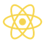 A yellow icon of an atom on a white background.