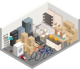 Storage unit filled with boxes, furniture, appliances, and bicycles.