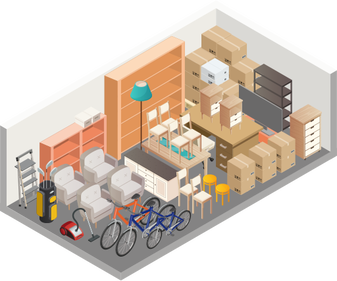 Storage unit filled with furniture, boxes, and miscellaneous items.