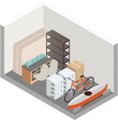 Storage unit with a bed, desk, shelves, boxes, bike, and kayak.