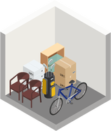 Storage unit filled with furniture, boxes, a golf bag, and a bicycle.