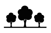 Drie zwarte silhouetten van bomen op een horizontale lijn, waarschijnlijk een park of landschap voorstellend.