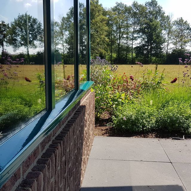 Bakstenen muur met groene afwerking, grote ramen die bomen en de lucht weerspiegelen, tuin met bloemen en gras.