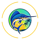 Blue marlin leaping from ocean, tropical sunset background, encircled by gold.