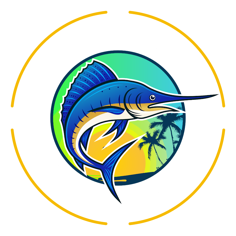 Blue marlin leaping from ocean, tropical sunset background, encircled by gold.