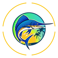 Blue marlin leaping from ocean, tropical sunset background, encircled by gold.