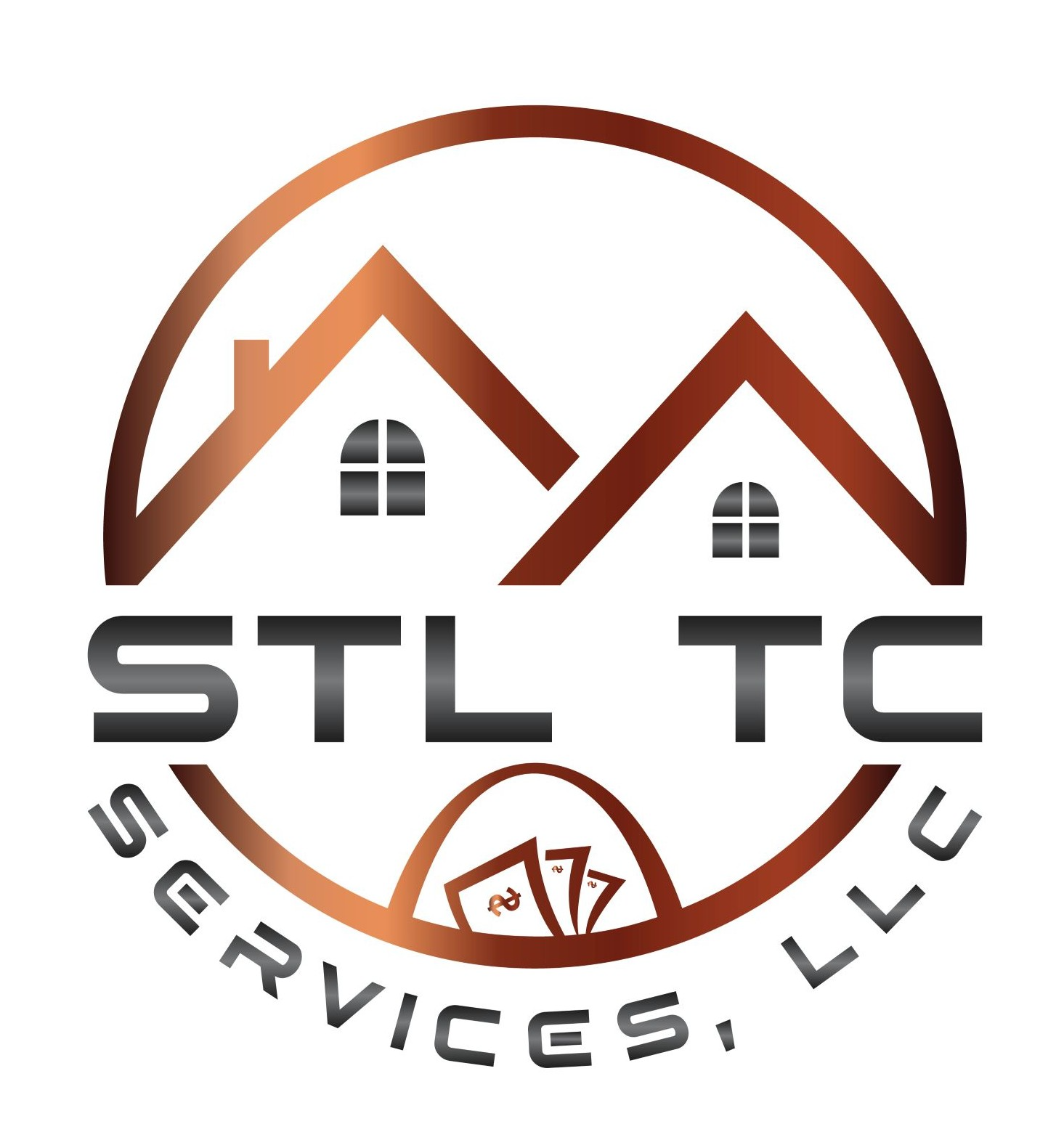 Logo for STL TC Services, LLC: brown circle with two house outlines, cash, and text.