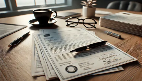 Wooden desk with documents, pen, glasses, coffee, and plant near a window.