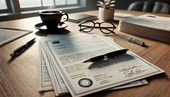 Wooden desk with documents, pen, glasses, coffee, and plant near a window.