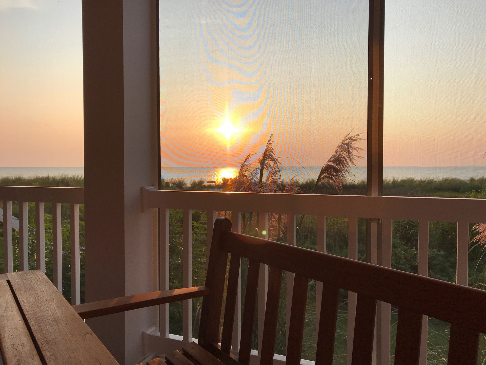 Vista del tramonto da una veranda protetta da zanzariere, con panca in legno, erba da spiaggia e oceano.