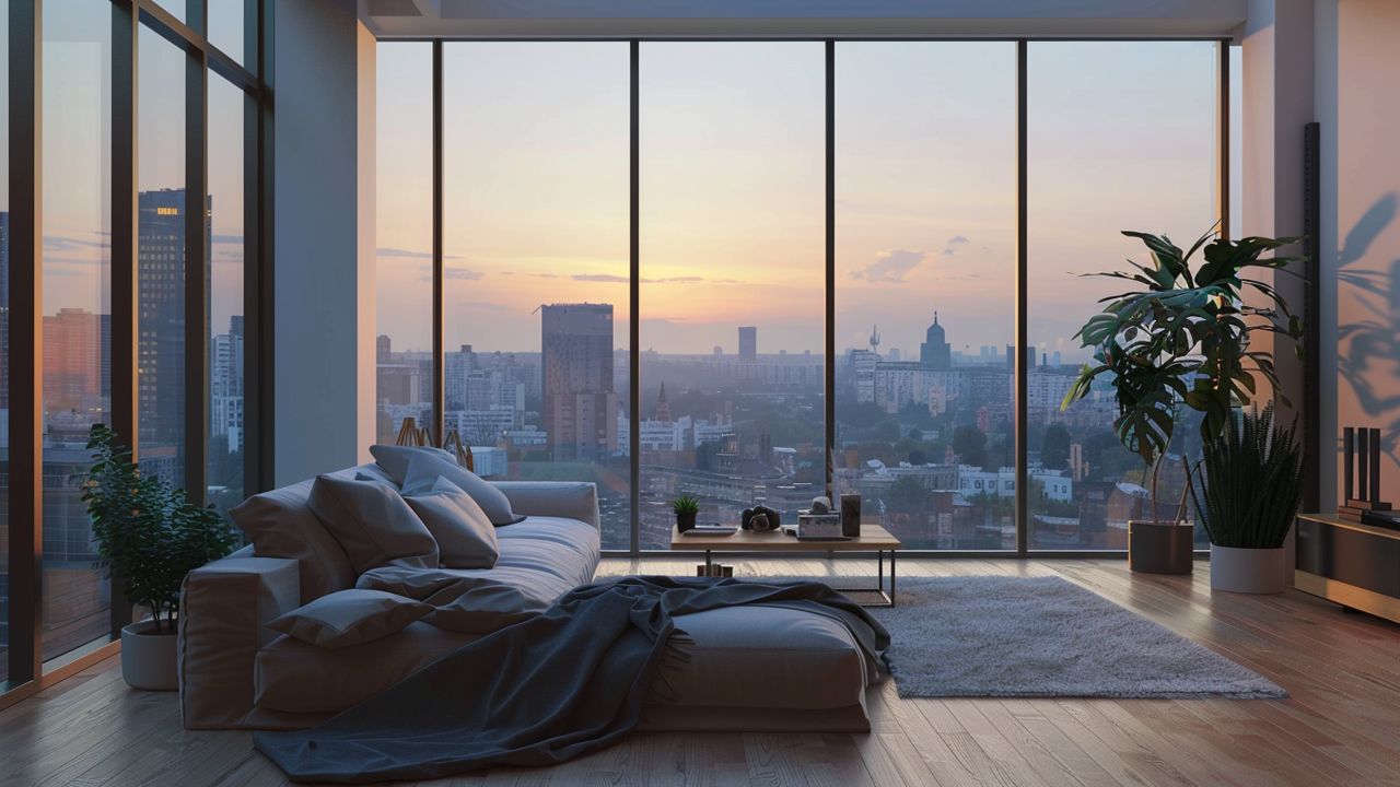 Modern apartment bedroom with large windows overlooking the city at sunset, featuring a cozy bed wit