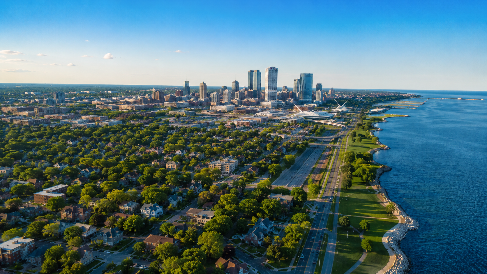 Aerial view of Milwaukee Wisconsin lakefront skyline and neighborhoods on a sunny summer day