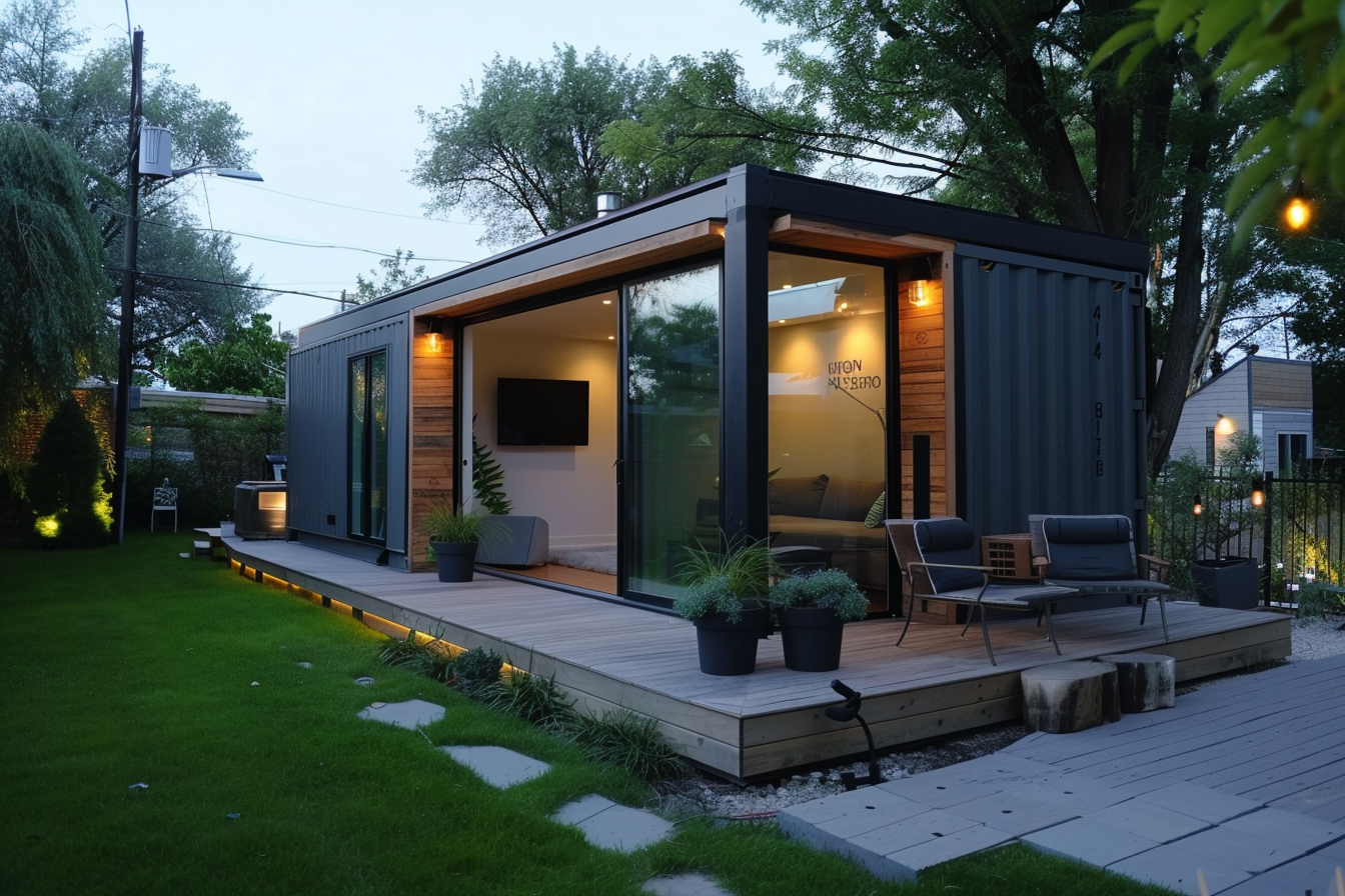 Modern tiny house made from a black shipping container with large glass doors and wooden deck.