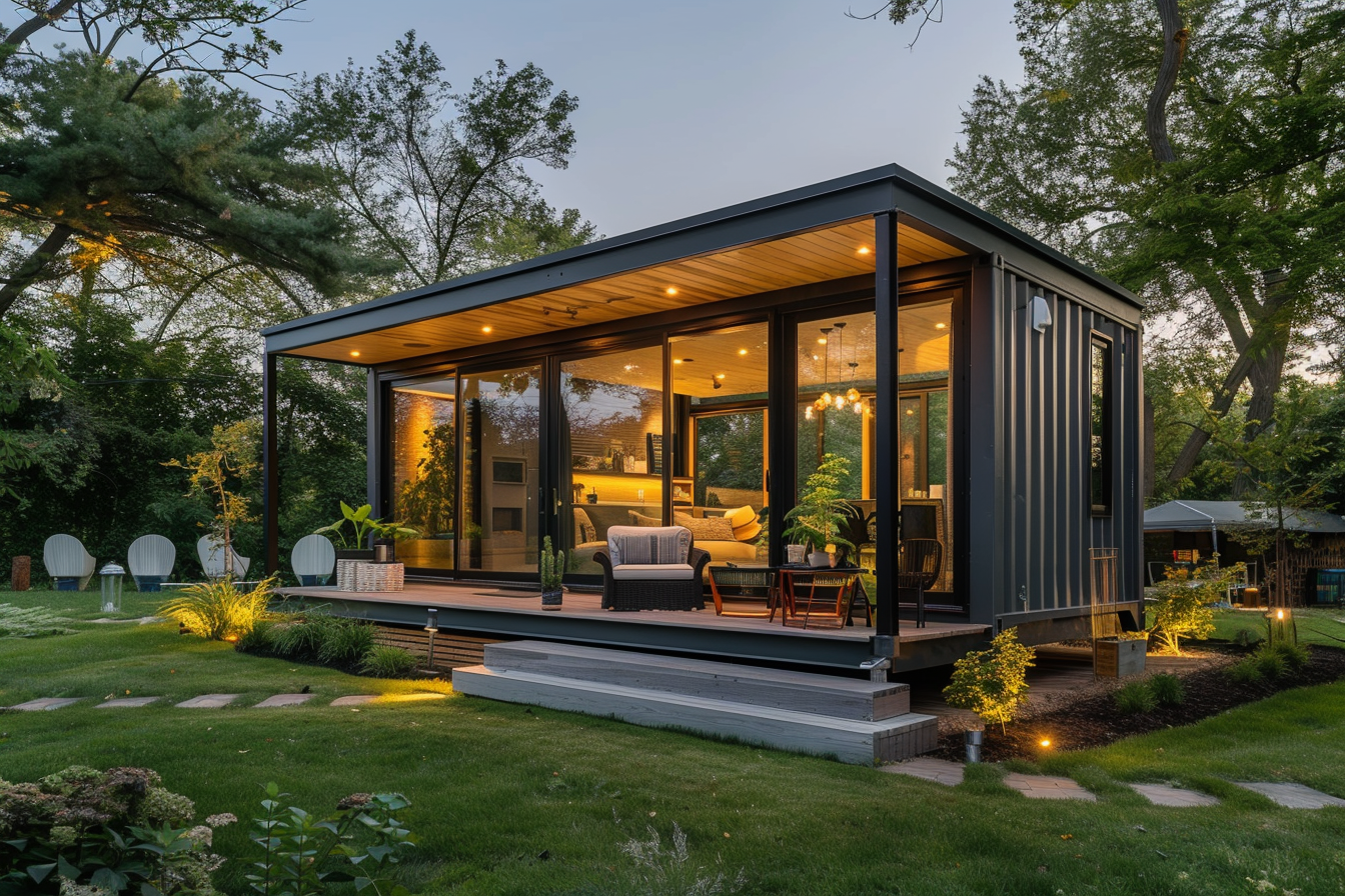 Modern tiny house made from a shipping container with large glass windows and garden lights.