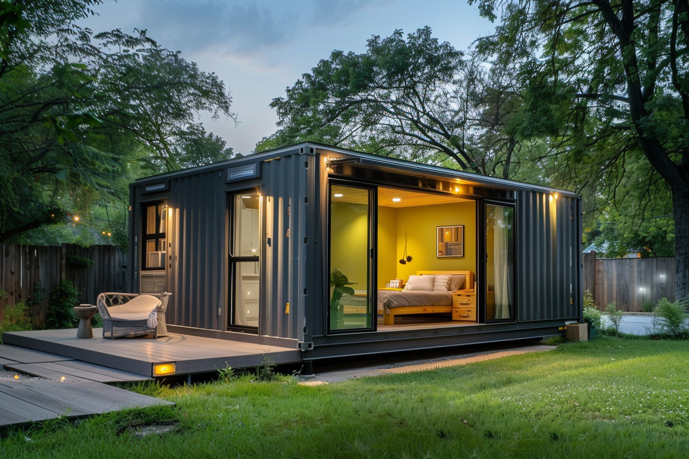 This is an example of a container-style tiny home like the ones sold on Amazon. A modern tiny home in a green backyard, built from a shipping container.