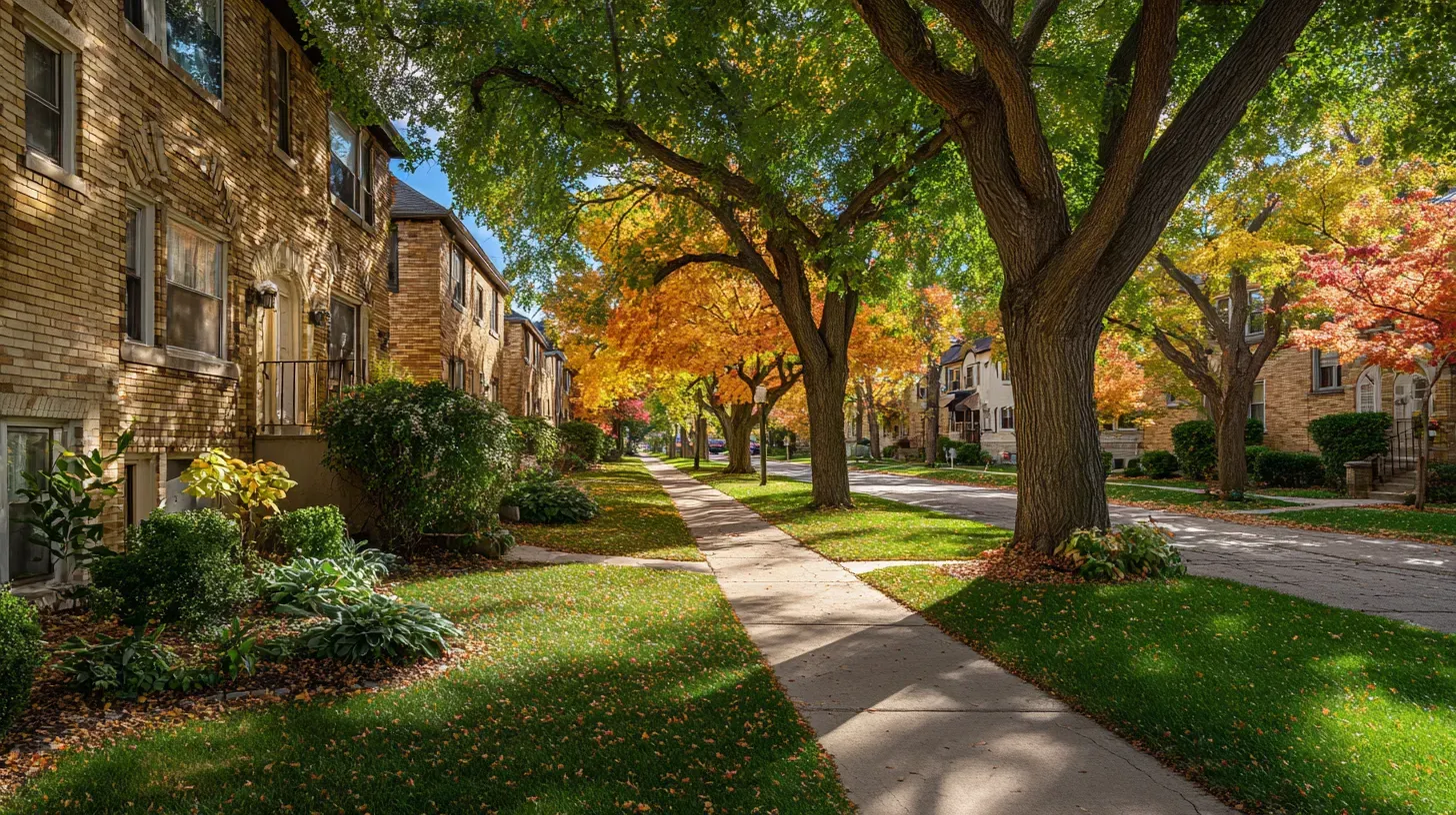 residential street in Milwaukee during autumn with red and orange leaves and brick apartment