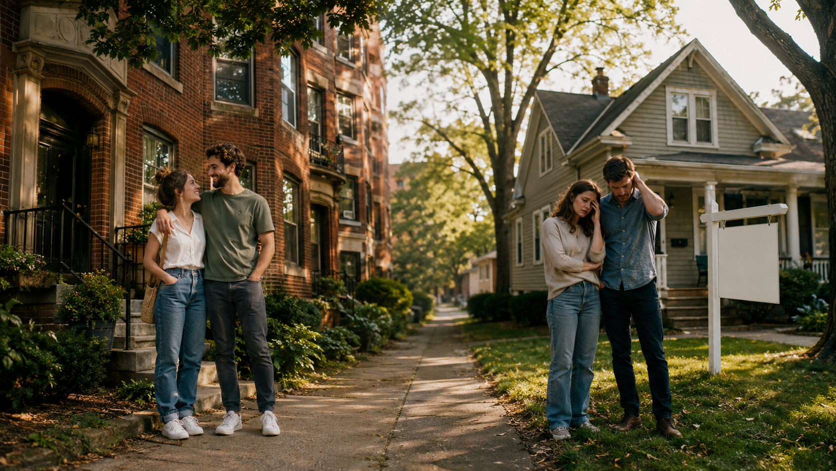 Split scene of a relaxed couple outside a Milwaukee apartment building and a stressed couple outside