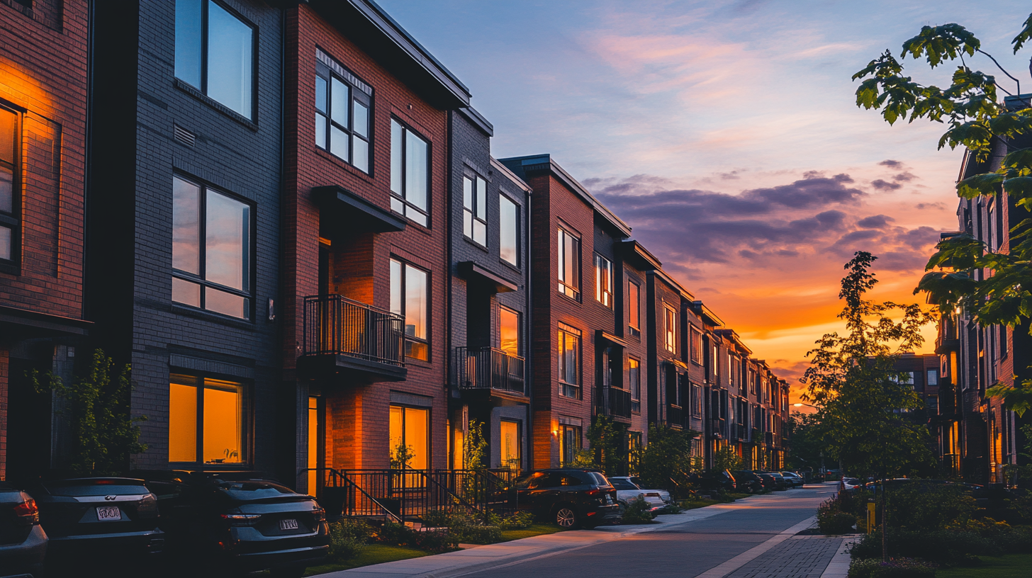 A modern single-staircase apartment complex on a narrow urban lot with large windows and warm interior lighting captured at dusk.