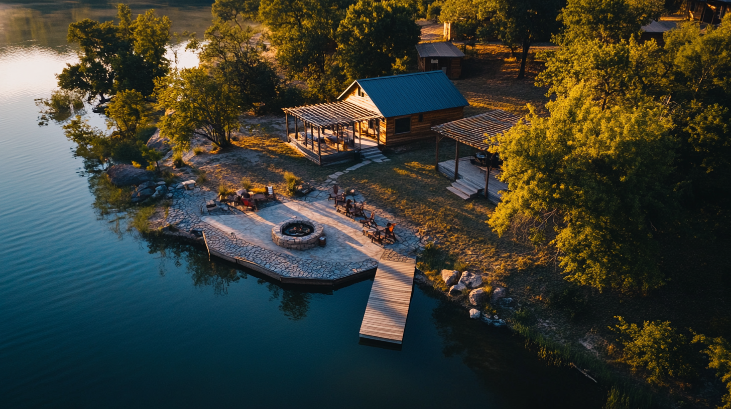 Aerial view of a tiny home retreat surrounded by a lake, with cozy cabins, a communal fire pit, and a wooden dock under the golden hour light.