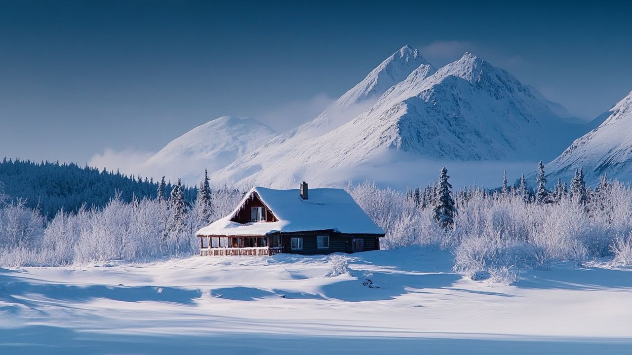 A cabin in the snow-covered wilderness of Alaska with mountains in the background.