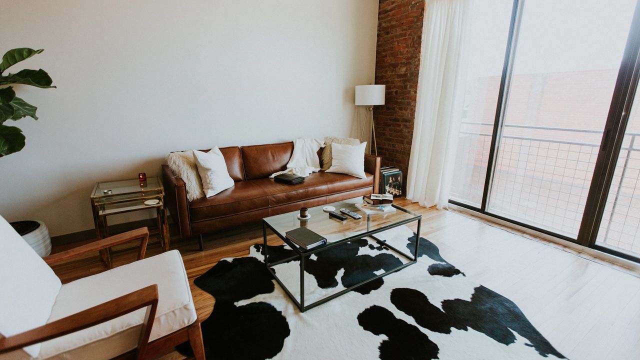 Stylish apartment living room with leather sofa, glass coffee table, and cowhide rug