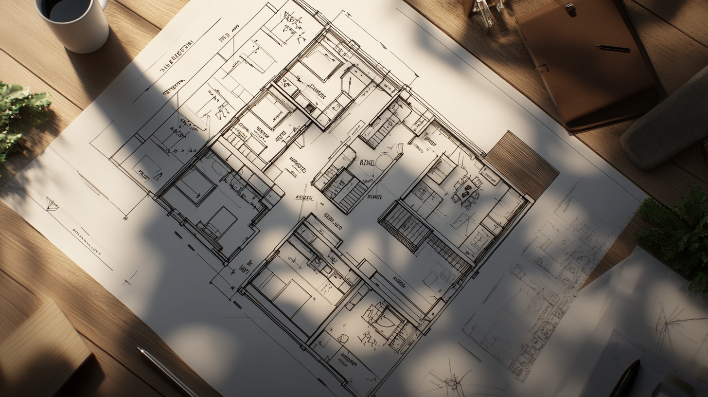 A photorealistic architectural blueprint of a shared density apartment, including a central courtyard, shared amenities, and labeled dimensions.