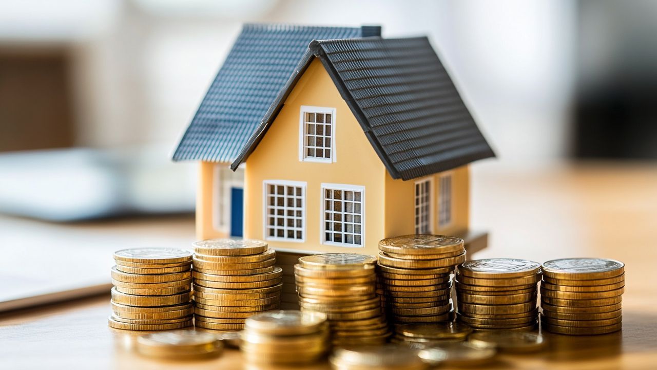 Model of a house with stacks of coins representing real estate investment